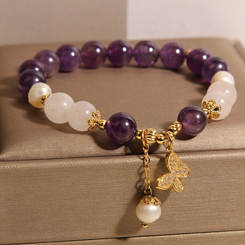 Bracelet à breloques papillon en Buddha Stones , perles d'améthyste naturelles et cristal de guérison spirituelle