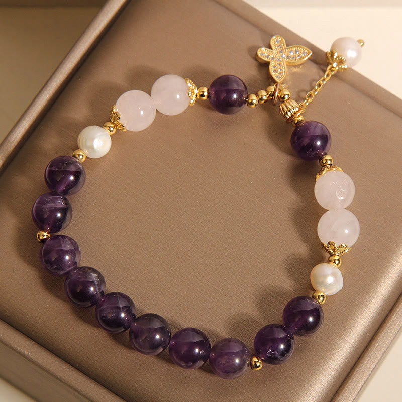 Bracelet à breloques papillon en Buddha Stones , perles d'améthyste naturelles et cristal de guérison spirituelle