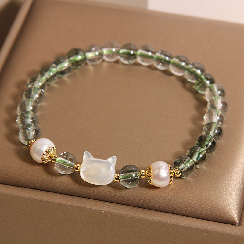 Bracelet porte-bonheur en Buddha Stones , coquillage et tête de chat - Fantôme vert (tour de poignet 14-16 cm) - image 1
