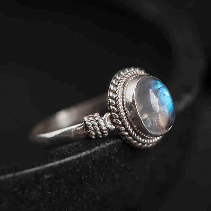 Bague positive en argent sterling 925 avec pierre de lune naturelle et Buddha Stones