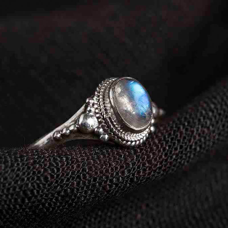 Bague positive en argent sterling 925 avec pierre de lune naturelle et Buddha Stones