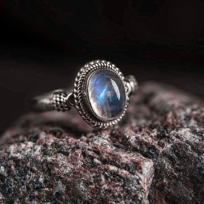 Bague positive en argent sterling 925 avec pierre de lune naturelle et Buddha Stones