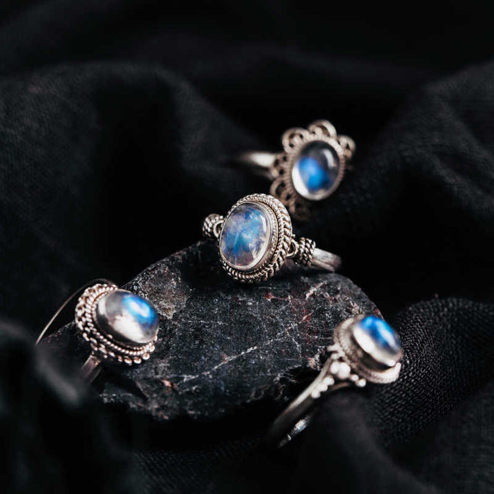 Bague positive en argent sterling 925 avec pierre de lune naturelle et Buddha Stones