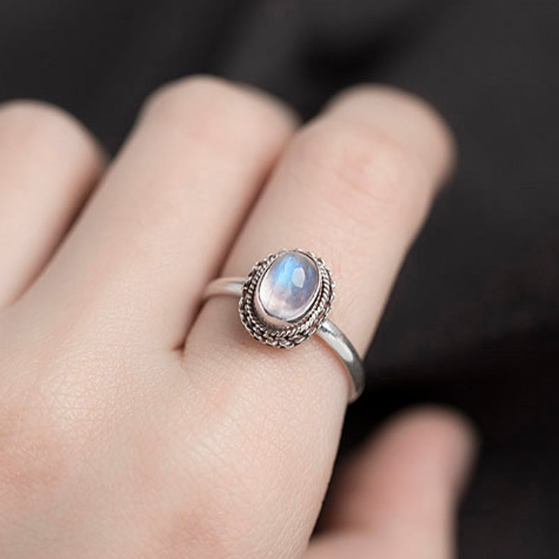 Bague positive en argent sterling 925 avec pierre de lune naturelle et Buddha Stones