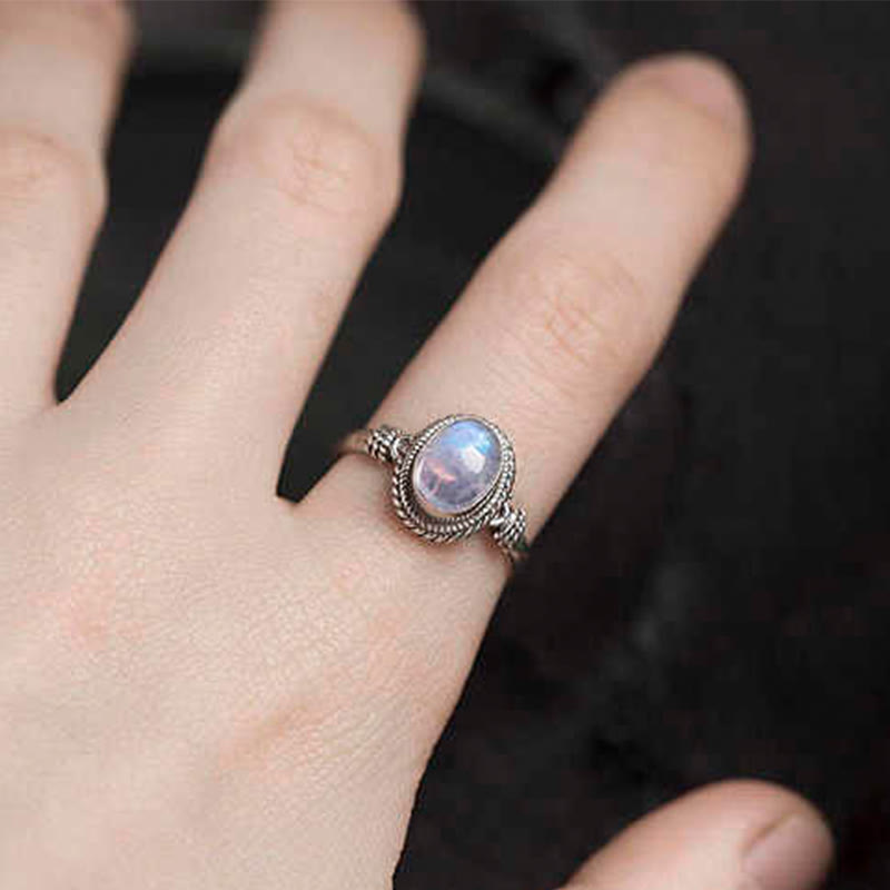 Bague positive en argent sterling 925 avec pierre de lune naturelle et Buddha Stones