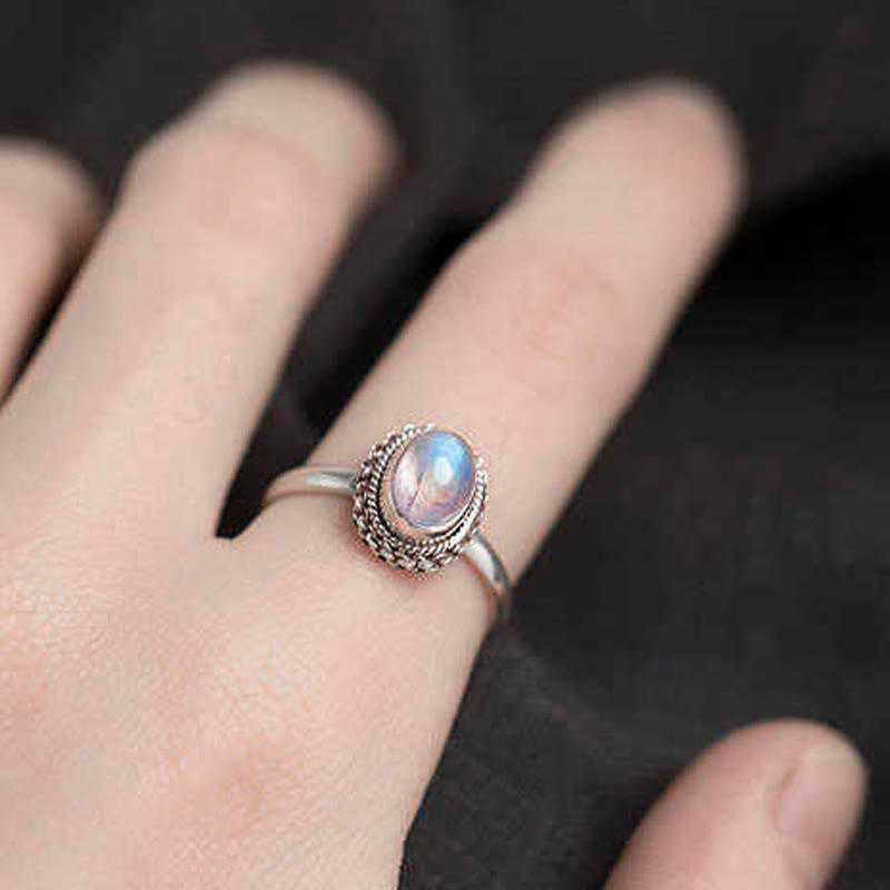 Bague positive en argent sterling 925 avec pierre de lune naturelle et Buddha Stones