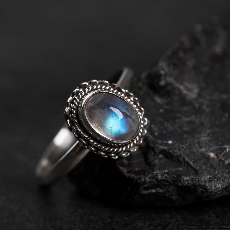 Bague positive en argent sterling 925 avec pierre de lune naturelle et Buddha Stones