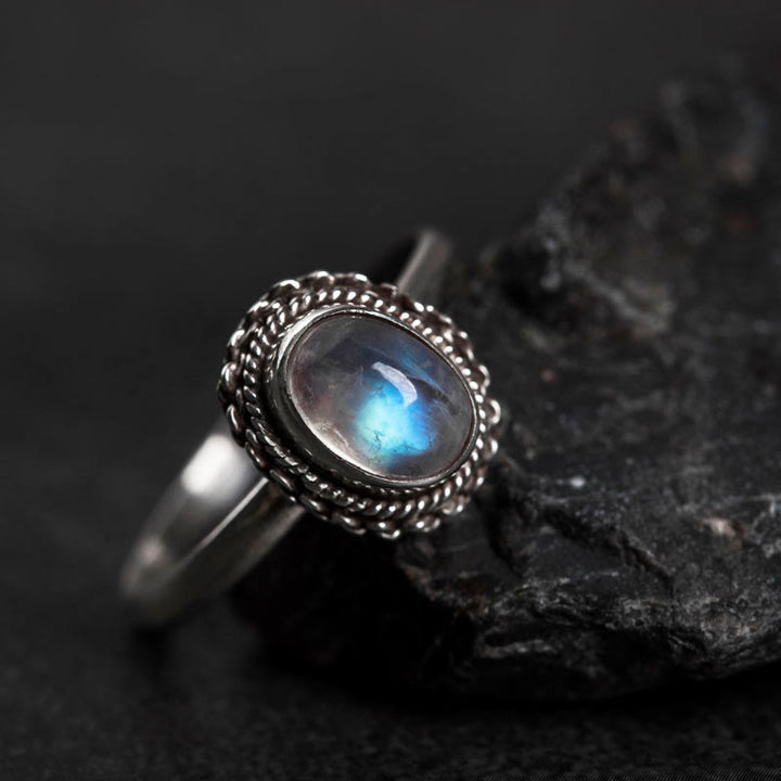 Bague positive en argent sterling 925 avec pierre de lune naturelle et Buddha Stones
