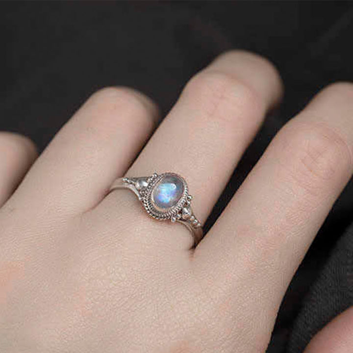 Bague positive en argent sterling 925 avec pierre de lune naturelle et Buddha Stones