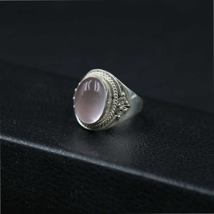 Bague ajustable en argent sterling 925 et quartz rose naturel fait main. Buddha Stones.