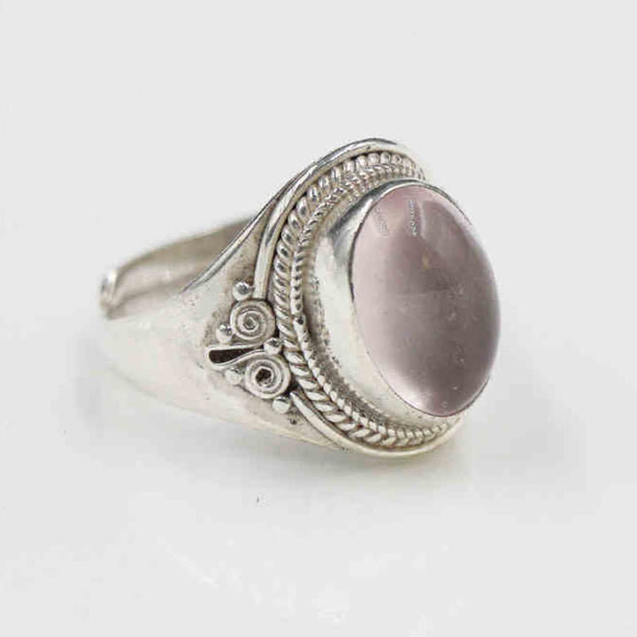 Bague ajustable en argent sterling 925 et quartz rose naturel fait main. Buddha Stones.