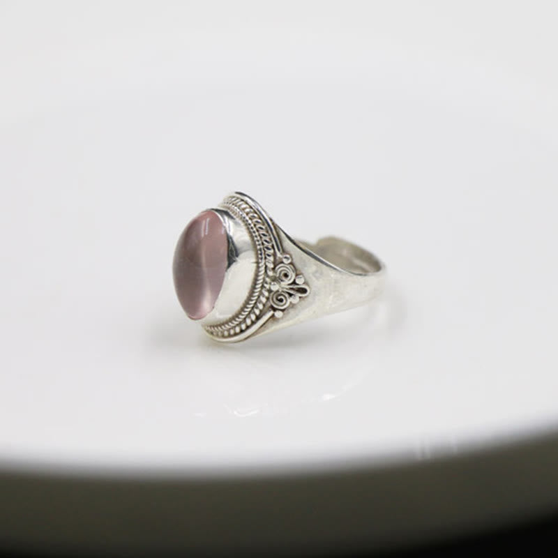 Bague ajustable en argent sterling 925 et quartz rose naturel fait main. Buddha Stones.