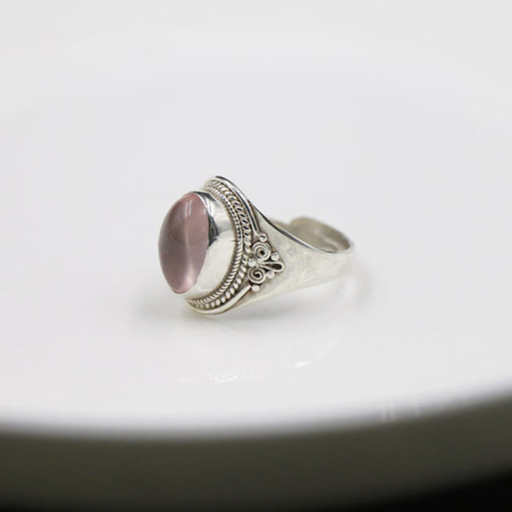 Bague ajustable en argent sterling 925 et quartz rose naturel fait main. Buddha Stones.