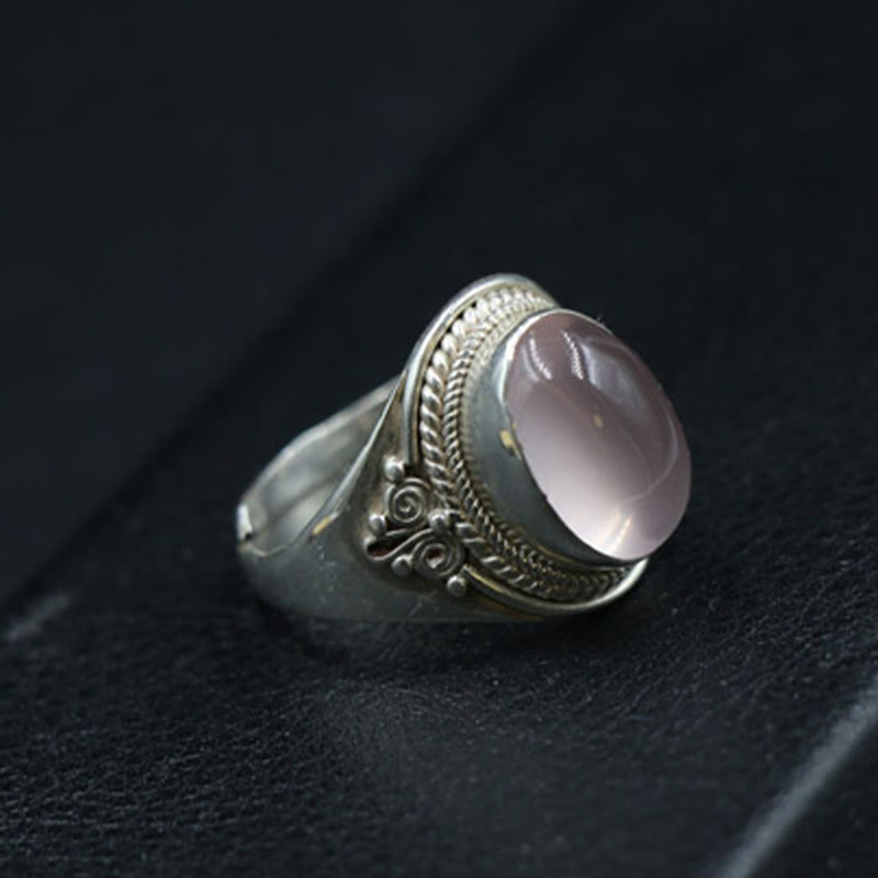Bague ajustable en argent sterling 925 et quartz rose naturel fait main. Buddha Stones.