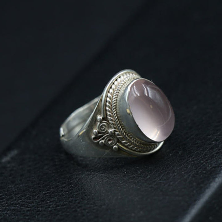 Bague ajustable en argent sterling 925 et quartz rose naturel fait main. Buddha Stones.