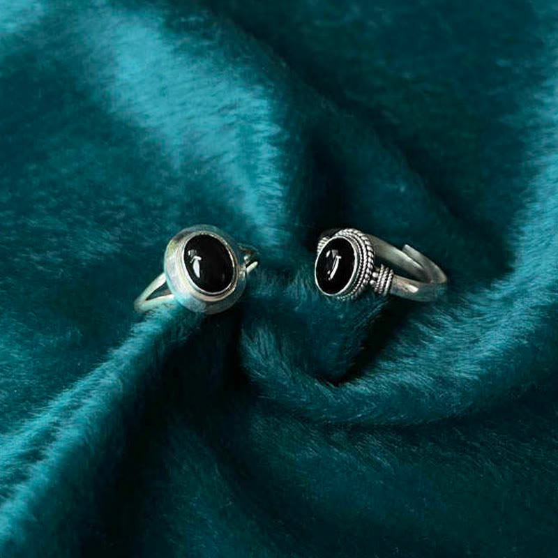 Bague ajustable en argent sterling 925 avec onyx noir et Buddha Stones