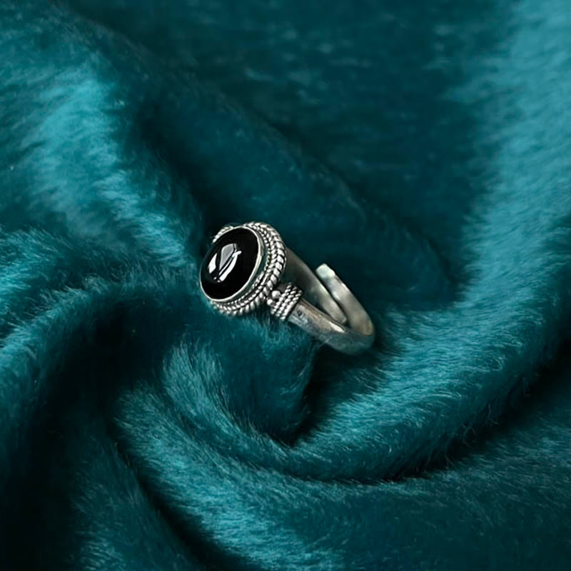 Bague ajustable en argent sterling 925 avec onyx noir et Buddha Stones