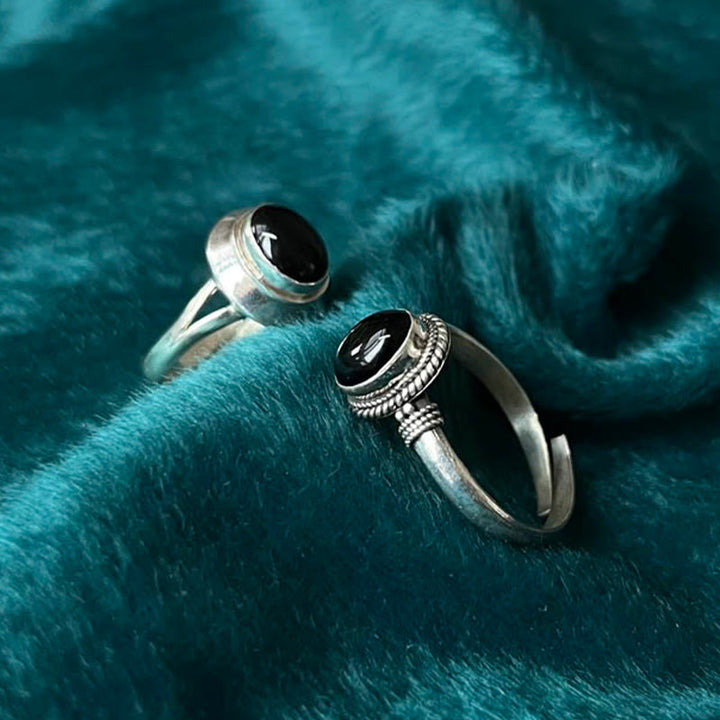 Bague ajustable en argent sterling 925 avec onyx noir et Buddha Stones