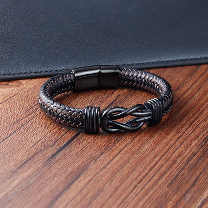 Bracelet en cuir et acier titane avec boucle en forme de nœud infini et Buddha Stones