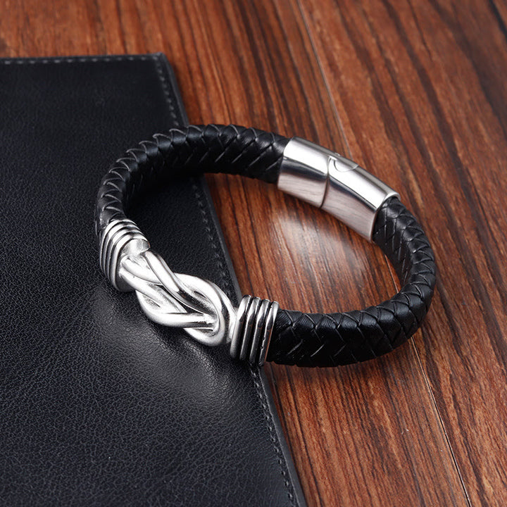 Bracelet en cuir et acier titane avec boucle en forme de nœud infini et Buddha Stones