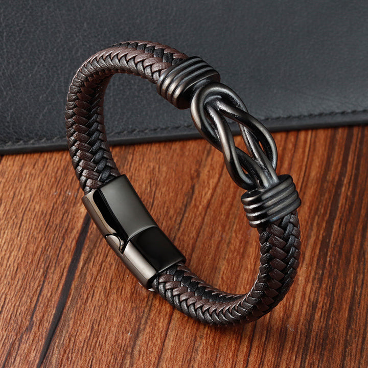 Bracelet en cuir et acier titane avec boucle en forme de nœud infini et Buddha Stones