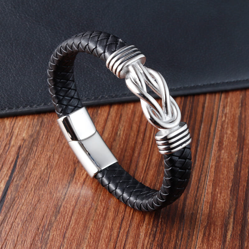 Bracelet en cuir et acier titane avec boucle en forme de nœud infini et Buddha Stones