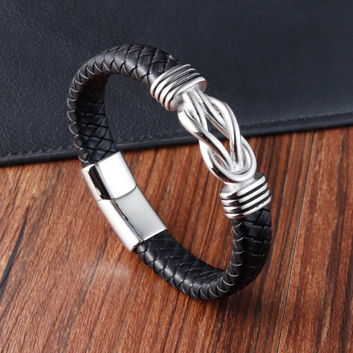 Bracelet en cuir et acier titane avec boucle en forme de nœud infini et Buddha Stones