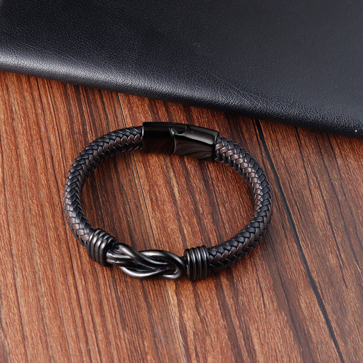 Bracelet en cuir et acier titane avec boucle en forme de nœud infini et Buddha Stones