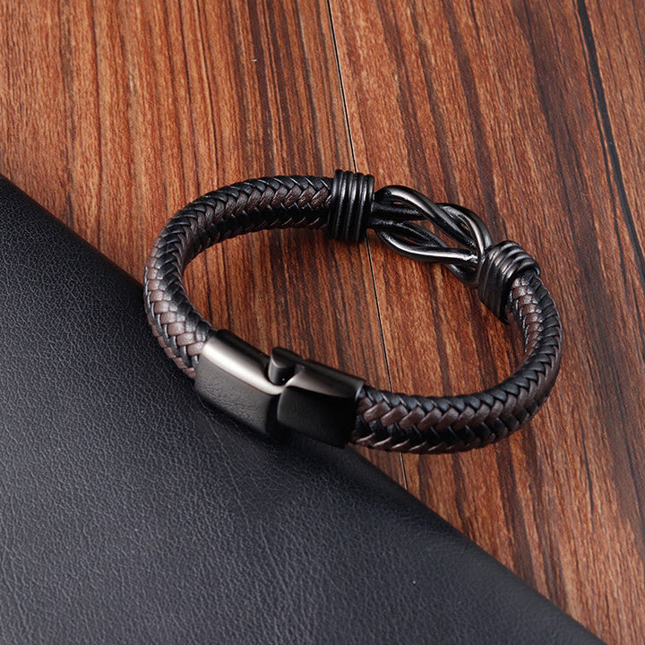 Bracelet en cuir et acier titane avec boucle en forme de nœud infini et Buddha Stones
