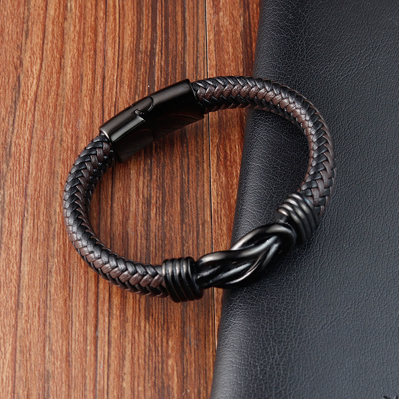 Bracelet en cuir et acier titane avec boucle en forme de nœud infini et Buddha Stones