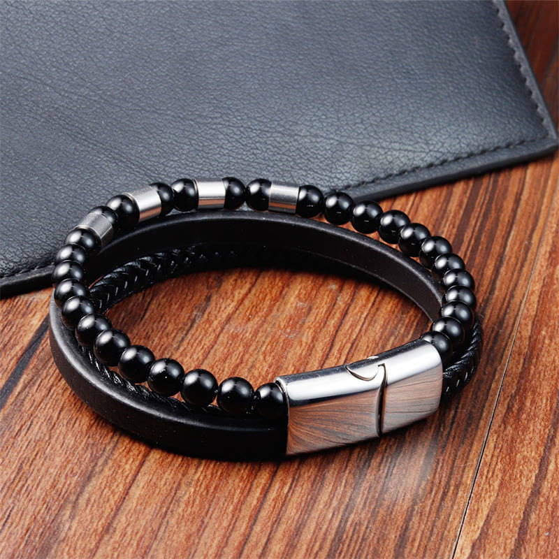 Bracelet à boucle d'équilibre en acier titane et cuir multicouche avec pierres givrées Buddha Stones