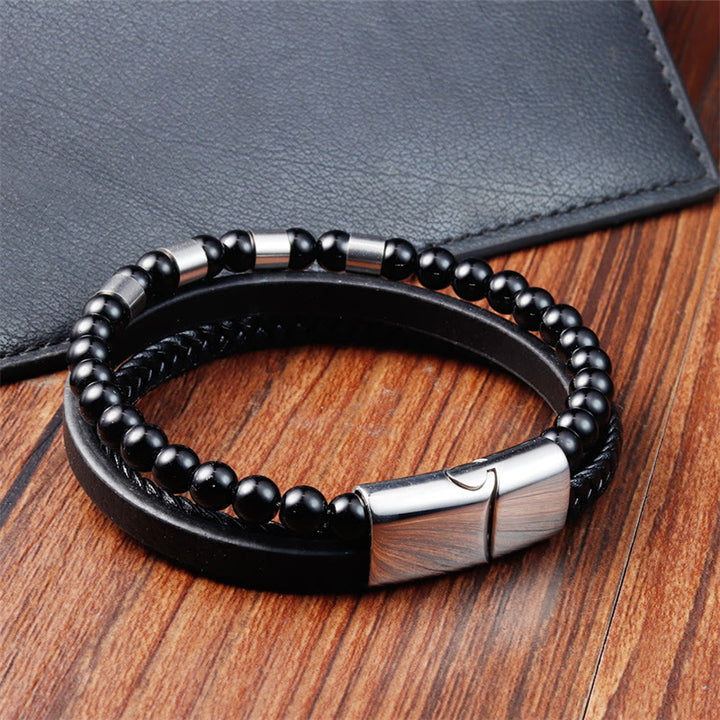 Bracelet à boucle d'équilibre en acier titane et cuir multicouche avec pierres givrées Buddha Stones