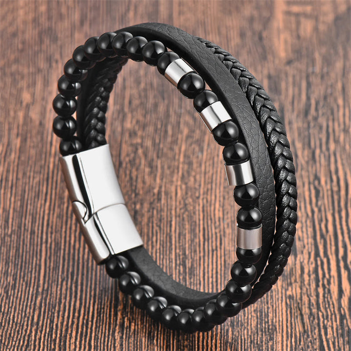 Bracelet à boucle d'équilibre en acier titane et cuir multicouche avec pierres givrées Buddha Stones