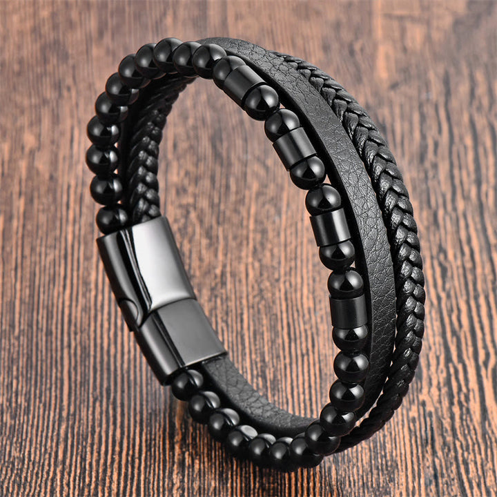 Bracelet à boucle d'équilibre en acier titane et cuir multicouche avec pierres givrées Buddha Stones