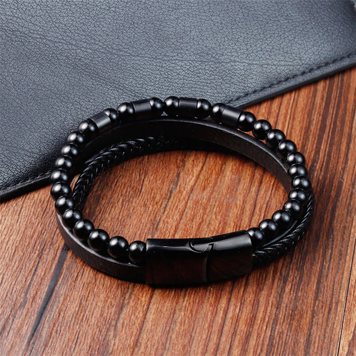 Bracelet à boucle d'équilibre en acier titane et cuir multicouche avec pierres givrées Buddha Stones