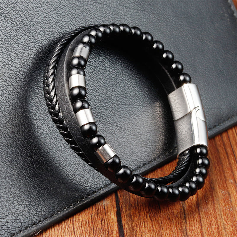 Bracelet à boucle d'équilibre en acier titane et cuir multicouche avec pierres givrées Buddha Stones