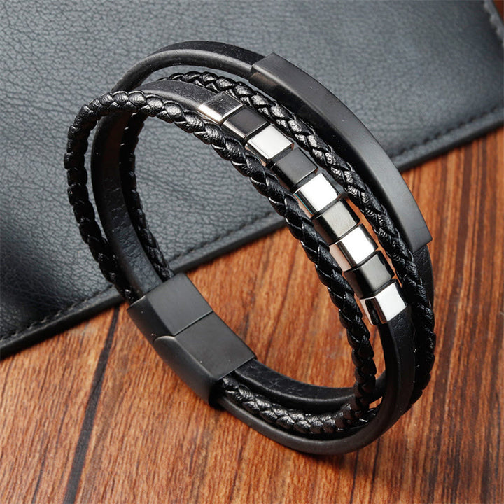 Bracelet Buddha Stones Square en acier titane et cuir avec boucle multicouches