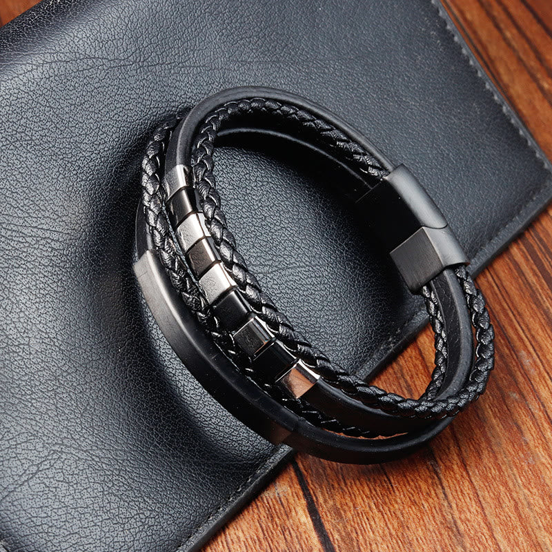 Bracelet Buddha Stones Square en acier titane et cuir avec boucle multicouches