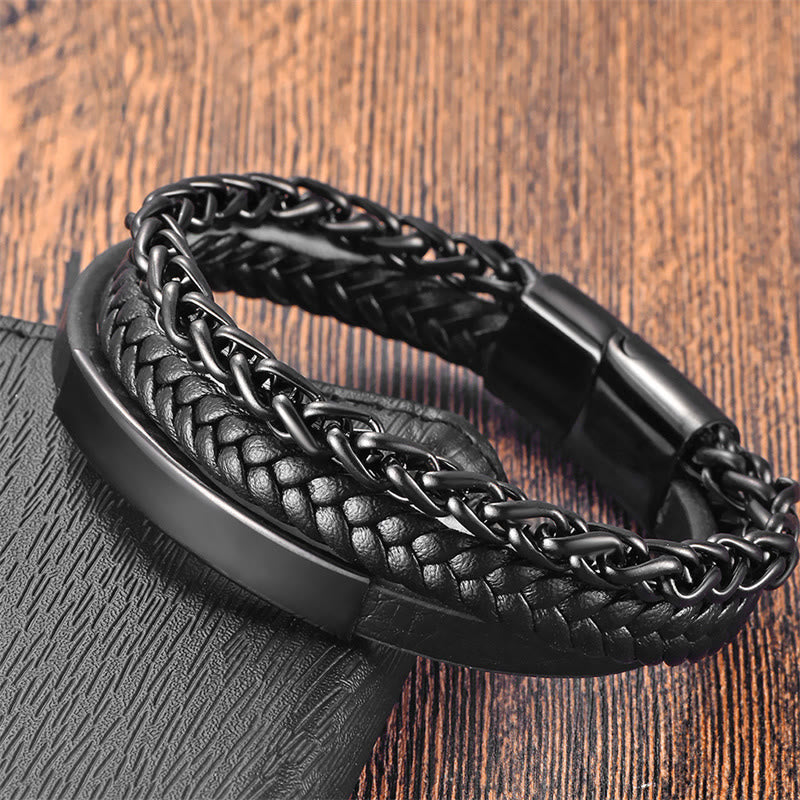 Bracelet en cuir multicouche avec boucle en acier titane et motif tissé de Buddha Stones - Noir (Tour de poignet : 20-22 cm) - image 0