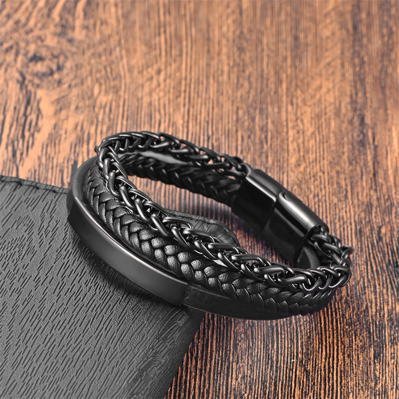 Bracelet en cuir multicouche avec boucle en acier titane et motif tissé de Buddha Stones