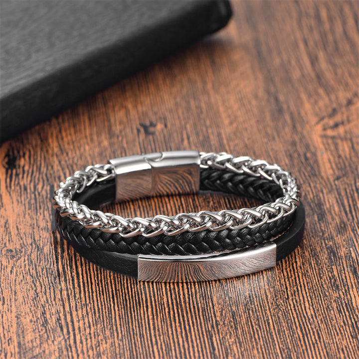 Bracelet en cuir multicouche avec boucle en acier titane et motif tissé de Buddha Stones