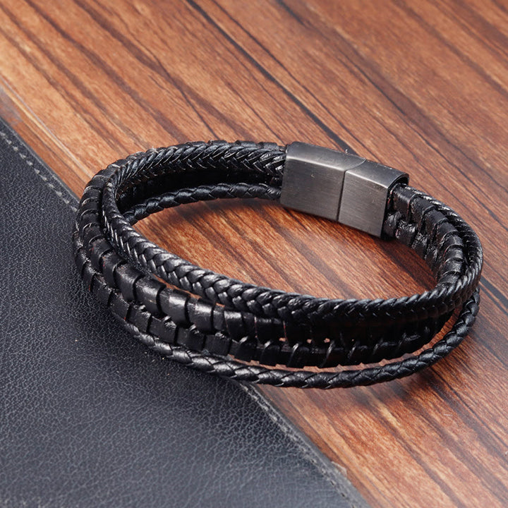 Bracelet en cuir multicouche renforcé en acier titane avec motif tressé simple et Buddha Stones