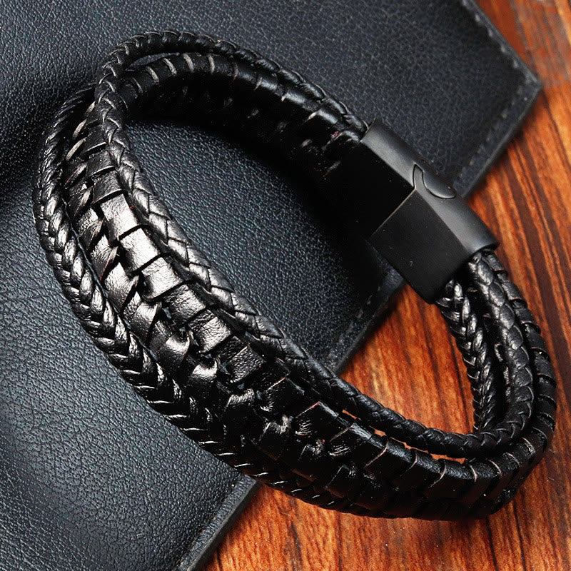 Bracelet en cuir multicouche renforcé en acier titane avec motif tressé simple et Buddha Stones
