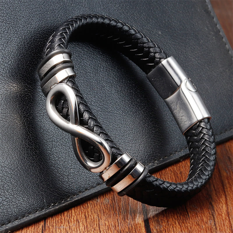 Bracelet en cuir tressé renforcé avec boucle en acier titane et Buddha Stones