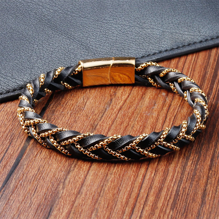 Bracelet en cuir tressé et acier titane, design simple , Buddha Stones