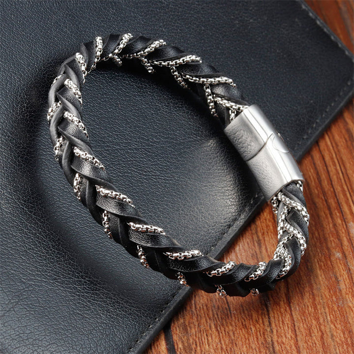 Bracelet en cuir tressé et acier titane, design simple , Buddha Stones