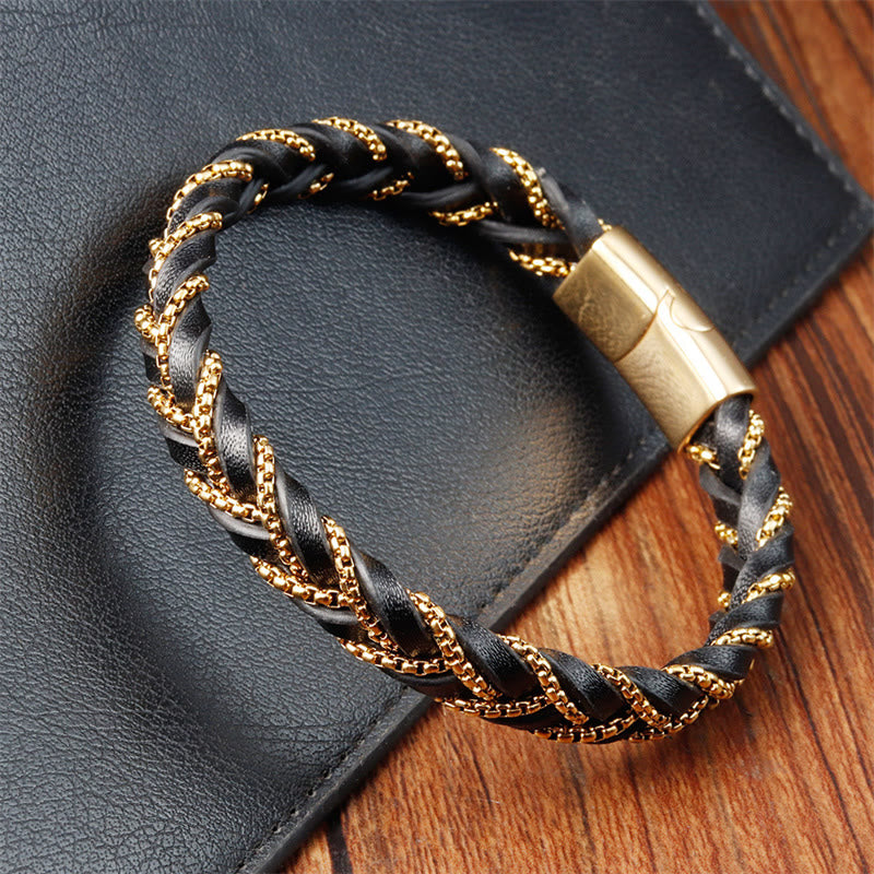 Bracelet en cuir tressé et acier titane, design simple , Buddha Stones