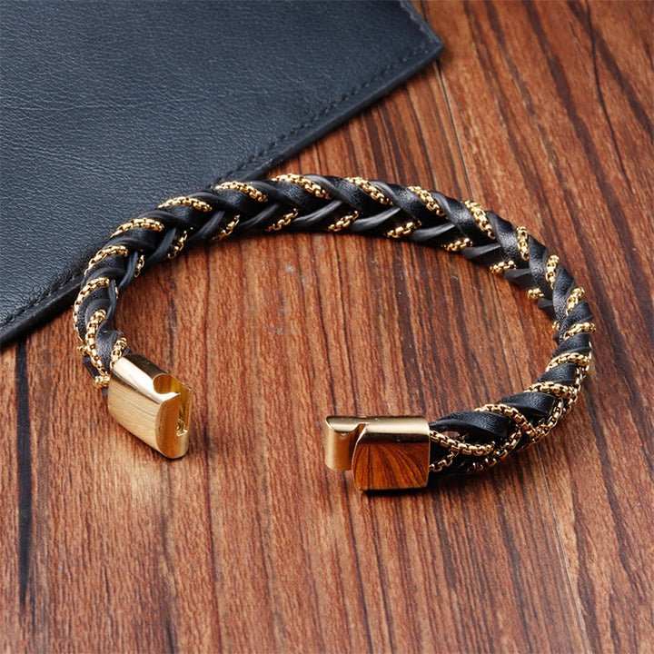 Bracelet en cuir tressé et acier titane, design simple , Buddha Stones