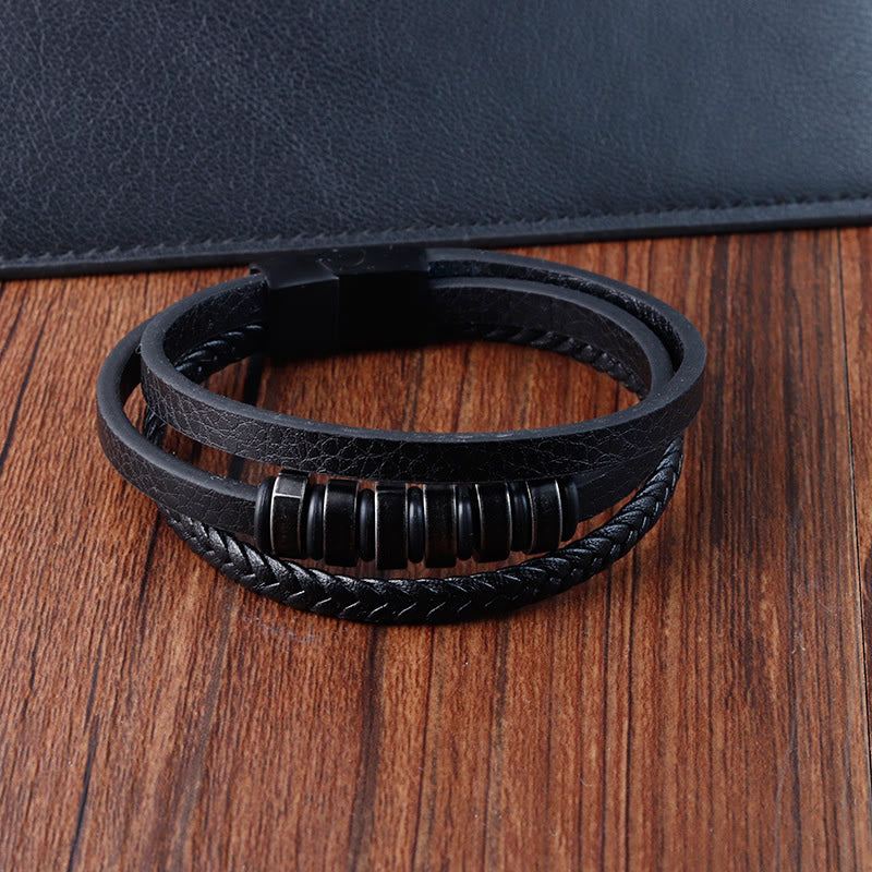 Bracelet simple en acier titane tressé à trois couches avec boucle en cuir et Buddha Stones