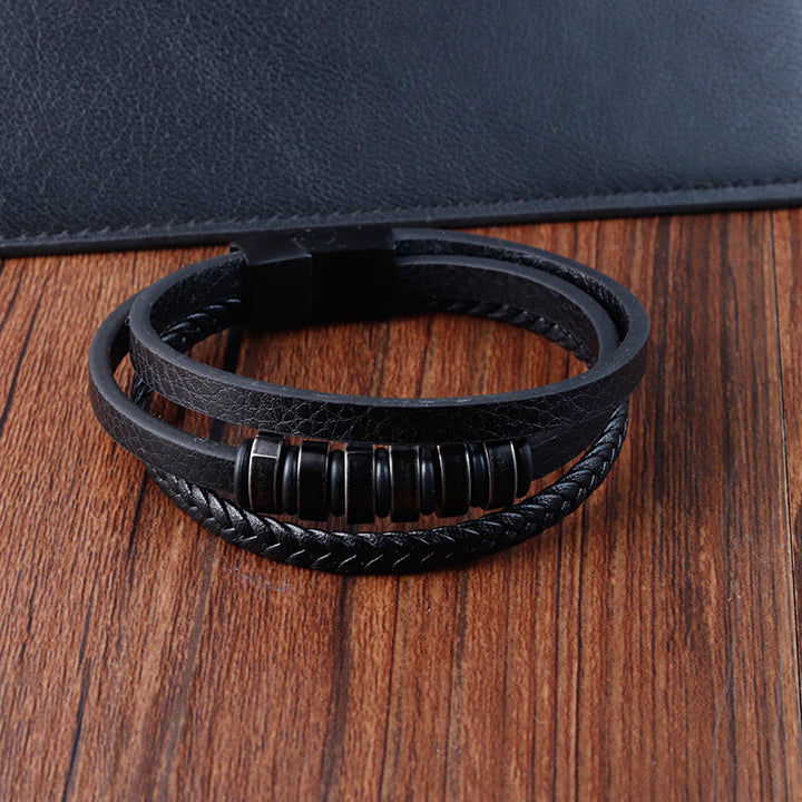 Bracelet simple en acier titane tressé à trois couches avec boucle en cuir et Buddha Stones